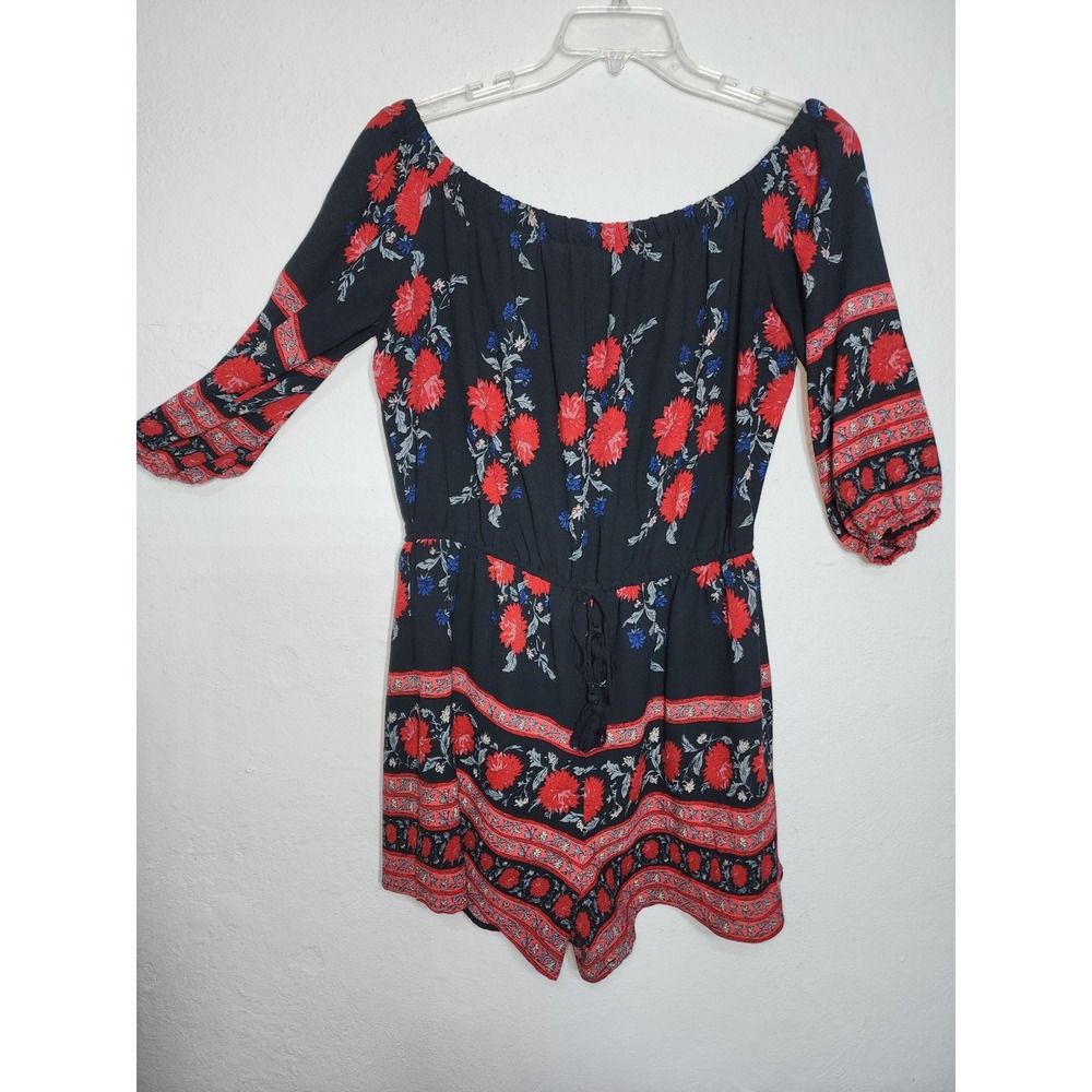 Forever 21 Romper Womens 1X Black Red Floral Off Shoulder Boho Tassel 3/4 Sleeve